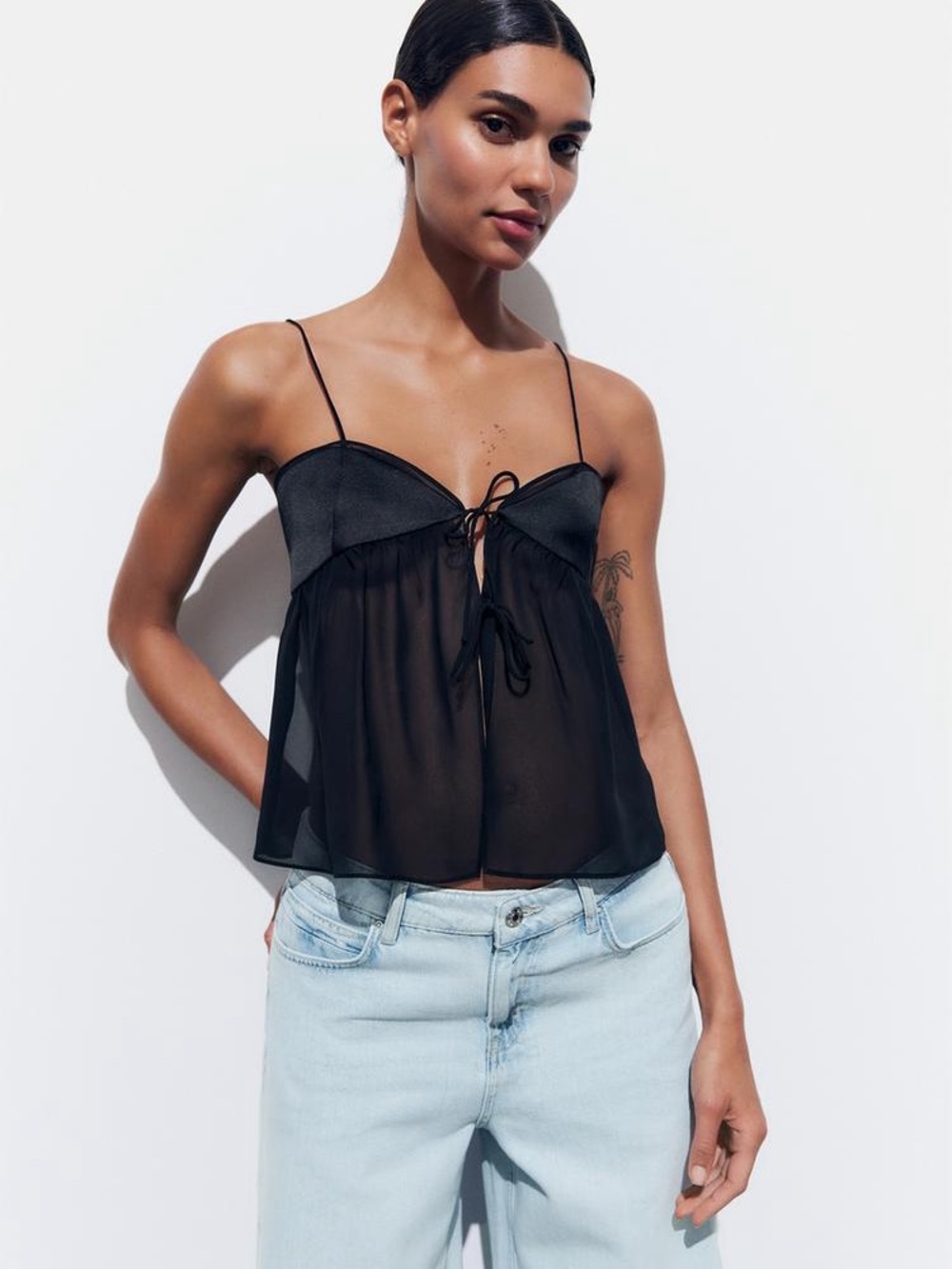 NWOT Zara Black Sheer Tie-Front Spaghetti Strap Top